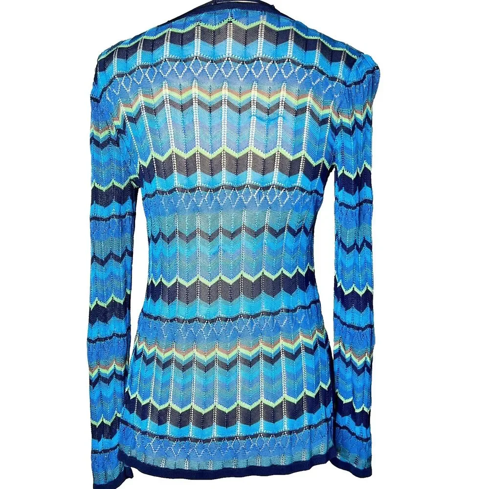 Sigrid Olsen Blue Multicolored Chevron Open Knit Top Sz S Scoop Neck w Accents - Picture 6 of 9